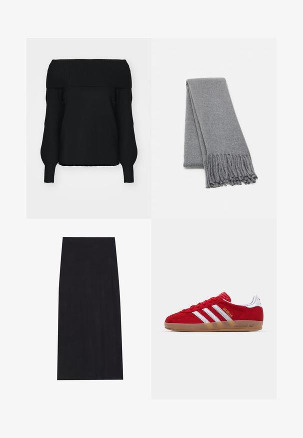 Barna gyapjúkeverék kabát, dupla gombolású dizájnnal, széles hajtókákkal, övvel a deréknál és két oldalsó zsebbel. Sima felület és testre szabott fazon.; Fekete, vállról lefelé nyitott pulóver, puha kötött anyagból, bordázott szegéllyel, hosszú ujjakkal és laza szabással. Nincsenek látható minták.; Fekete midi szoknya puha, rugalmas anyagból. Egyenes sziluettel és kényelmes, gumírozott derékkal rendelkezik.; Piros velúr sneaker fehér háromcsíkos dizájnnal és arany "Gazelle" felirattal. Gumi talppal és texturált sarokkal rendelkezik.; Szürke gyapjú sál, puha tapintással, rojtos szélekkel és egyszerű dizájnnal. Gondosan hajtogatva, megjelenítve hosszúkás formáját.