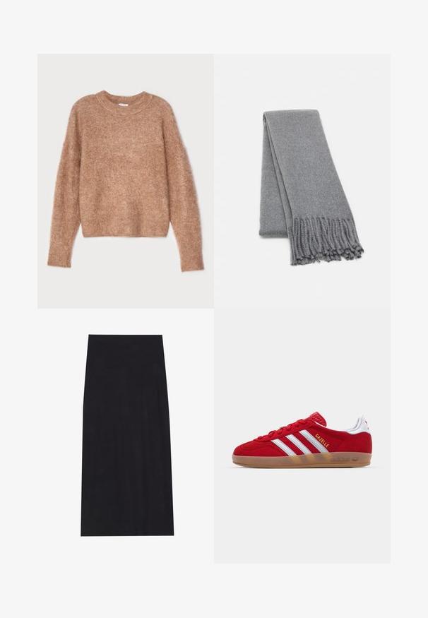 Brauner Wollmischungs-Mantel mit doppelter Knopfleiste, breiten Revers, Gurt in der Taille und zwei seitlichen Taschen. Glatte Textur und taillierter Schnitt.; Filippa K FLUFFY - Strickpullover - dark beige; Schwarzer Midi-Rock aus weichem, dehnbarem Material. Verfügt über eine gerade Silhouette und einen elastischen Bund für eine bequeme Passform.; Rote Wildleder-Sneaker mit weißem Dreistreifen-Design und goldenem "Gazelle"-Schriftzug. Besitzt eine Gummisohle und eine strukturierte Ferse.; Grau gestrickter Wollschal mit einer weichen Textur, mit fransigen Kanten und einem schlichten Design. Ordentlich gefaltet, wobei seine längliche Form zur Geltung kommt.