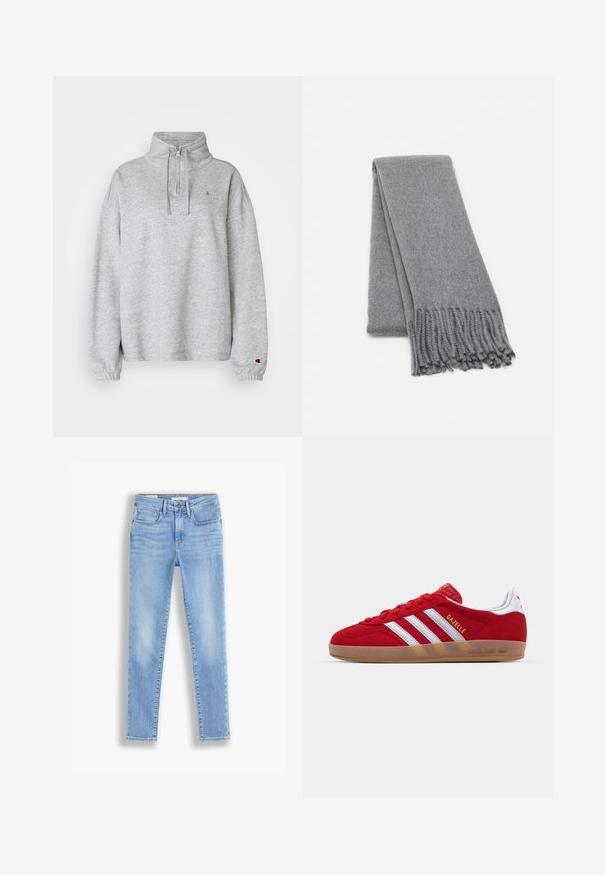 Barna gyapjúkeverék kabát, dupla gombolású dizájnnal, széles hajtókákkal, övvel a deréknál és két oldalsó zsebbel. Sima felület és testre szabott fazon.; Champion ICONS HALF ZIP SMALL C LOGO - Melegítőfelső - grey; Világoskék, slim fit farmernadrág, öt zsebbel, gombos és cipzáras zárással, valamint finom elhalványulással a lábak mentén.; Piros velúr sneaker fehér háromcsíkos dizájnnal és arany "Gazelle" felirattal. Gumi talppal és texturált sarokkal rendelkezik.; Szürke gyapjú sál, puha tapintással, rojtos szélekkel és egyszerű dizájnnal. Gondosan hajtogatva, megjelenítve hosszúkás formáját.