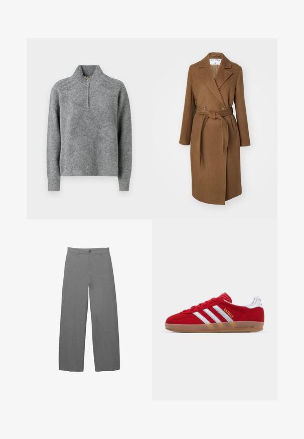 Brun ullblandad kappa med dubbelknäppt design, breda slag, bälte i midjan och två sidofickor. Slät yta och skräddarsydd passform.; Grå stickad tröja med hög krage, halv dragkedja, ribbad textur och långa ärmar. Har en cirkulär guldig detalj vid dragkedjan.; Ljusa grå vida byxor i ett slätt, texturerat tyg, med knappstängning fram och hällor runt midjan.; Röd mocka sneaker med vitt tre-stripes mönster och guld "Gazelle" text. Har en gumminocke och texturerad häl.