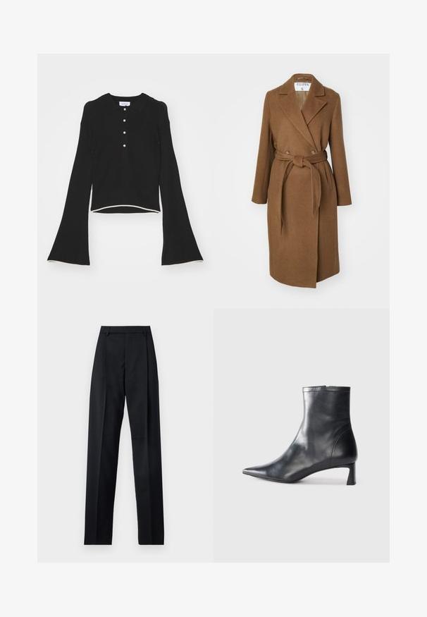 Brązowy płaszcz z mieszanki wełny o podwójnym zapięciu, szerokich klapach, pasku w talii i dwóch bocznych kieszeniach. Gładka tekstura i dopasowany krój.; Soulland KIKI czarny; Czarne spodnie wykonane z gładkiego materiału, z wysokim stanem, szerokimi nogawkami, fałdami z przodu i klasycznymi szlufkami na pasek. Brak widocznych kieszeni bocznych.; Czarne skórzane botki sięgające kostki z ostrym noskiem i eleganckim designem. Posiadają niski obcas oraz zamek błyskawiczny z tyłu. Gładka faktura.