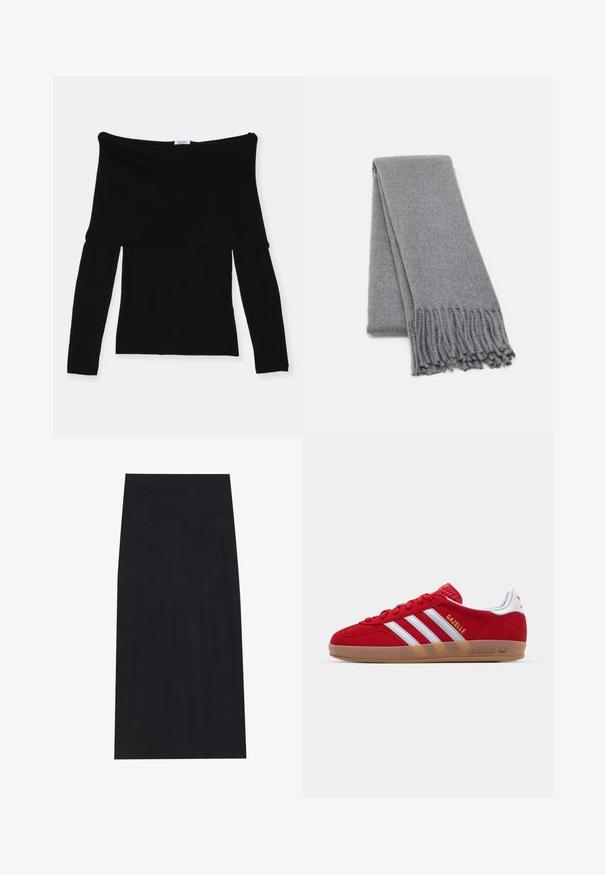 Palton din lână maro cu un design cu îmbrăcătură dublă, revere largi, curea la talie și două buzunare laterale. Textură netedă și croi ajustat.; Top lung cu mâneci lungi, negru, fără umeri, realizat dintr-un material moale. Are un corset ajustat și un decolteu larg. Design simplu, fără cusături.; Fustă midi neagră realizată dintr-un material moale și elastic. Are o siluetă dreaptă și un tiv elastic pentru un confort sporit.; Sneaker roșu din suede cu un design alb cu trei dungi și text auriu "Gazelle". Dispune de o talpă din cauciuc și un toc texturat.; Fular din lână gri cu o textură moale, având margini franjurate și un design simplu. Pliat cu grijă, scoțând în evidență forma sa alungită.