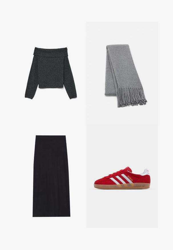 Casaco de mistura de lã castanha com design de dupla face, grandes lapelas, cinto na cintura e dois bolsos laterais. Textura suave e ajuste sob medida.; Sweater escuro cinza, com decote ombro a ombro, mangas longas, gola canelada e tecido de malha texturizada. Design cropped.; Saia midi preta feita de um tecido macio e elástico. Apresenta uma silhueta straight e um cós elástico para um ajuste confortável.; Sapatilha de camurça vermelha com design de três riscas brancas e texto "Gazelle" em dourado. Apresenta uma sola de borracha e um calcanhar texturizado.; Cachecol cinza de lã com uma textura suave, apresentando bordas com franjas e um design simples. Dobrada de forma organizada, destacando sua forma alongada.