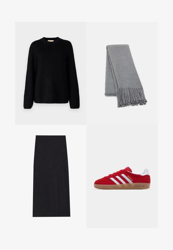 Bruine wolblend jas met een dubbele rij knopen, brede revers, riem in de taille en twee zijzakken. Glad textuur en getailleerde pasvorm.; Zwarte geribde gebreide trui met lange mouwen en een ronde halslijn. Textuurstof en een relaxte pasvorm. Geen patronen of accenten.; Zwarte midi-rok gemaakt van zachte, rekbare stof. Heeft een rechte snit en een elastische tailleband voor een comfortabele pasvorm.; Rode suède sneaker met een witte drie-strepenontwerp en gouden "Gazelle" tekst. Beschikt over een rubberen gumzool en een gestructureerde hiel.; Grijze wollen sjaal met een zachte textuur, voorzien van franjes aan de randen en een eenvoudig ontwerp. Netjes gevouwen, waarmee de verlengde vorm wordt getoond.