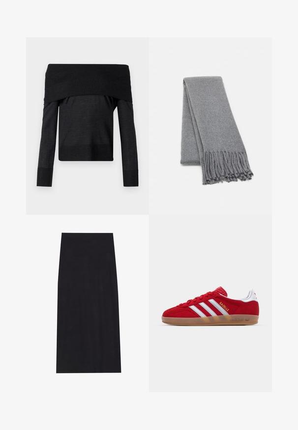 Palton din lână maro cu un design cu îmbrăcătură dublă, revere largi, curea la talie și două buzunare laterale. Textură netedă și croi ajustat.; Top negru cu umeri expuși și mâneci lungi, având un guler ribbit, material neted și o siluetă ajustată. Textura variază la manșete.; Fustă midi neagră realizată dintr-un material moale și elastic. Are o siluetă dreaptă și un tiv elastic pentru un confort sporit.; Sneaker roșu din suede cu un design alb cu trei dungi și text auriu "Gazelle". Dispune de o talpă din cauciuc și un toc texturat.; Fular din lână gri cu o textură moale, având margini franjurate și un design simplu. Pliat cu grijă, scoțând în evidență forma sa alungită.