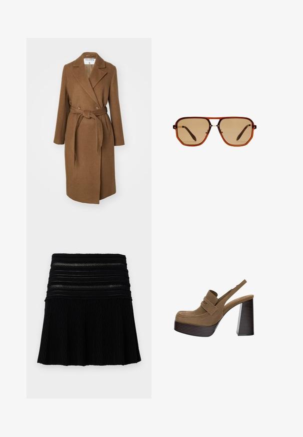 Cappotto in misto lana marrone con design doppiopetto, ampi risvolti, cintura in vita e due tasche laterali. Tessuto liscio e vestibilità sartoriale.; Massimo Dutti FLOWING GARMENT WITH RUFFLES - Camicia - beige; Gonna nera plissettata con un design a coste testurizzate. Presenta dettagli a bande orizzontali in vita con elementi a taglio. Lunghezza corta.; Décolleté in camoscio marrone con plateau, dotate di un tacco a blocco spesso e rigato e una larga fascia sulla parte superiore, con una punta arrotondata.; Occhiali da sole ottagonali marroni con montatura trasparente color ambra e lenti sfumate marroni. Caratterizzati da un accento metallico sul ponte e stecche sottili.; Borsa in suede nero con dettagli in pelle, forma strutturata e due manici robusti, portata da una figura in un cappotto marrone.