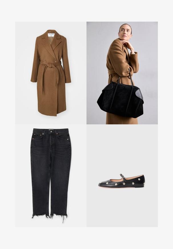 Rjav plašč iz volnene mešanice z dvojnim zapenjanjem, širokimi reverji, pasom na pasu in dvema stranskima žepoma. Gladka tekstura in krojen fit.; Bela srajca z dolgimi rokavi iz bombaža, z klasičnim ovratnikom, gumbnim zapiranjem in enim žepom na levi strani.; Agolde RILEY CROP - Kavbojke slim fit - hitch; Črne usnjene Mary Jane balerinke z zaobljenim noskom, opremljene z zlatimi krožnimi mošnjo in nastavljivim trakom z zaponko.; Črna semišna torba z usnjenimi poudarki, strukturirane oblike in dvema trdnima ročajema, ki jo drži oseba v rjavem plašču.