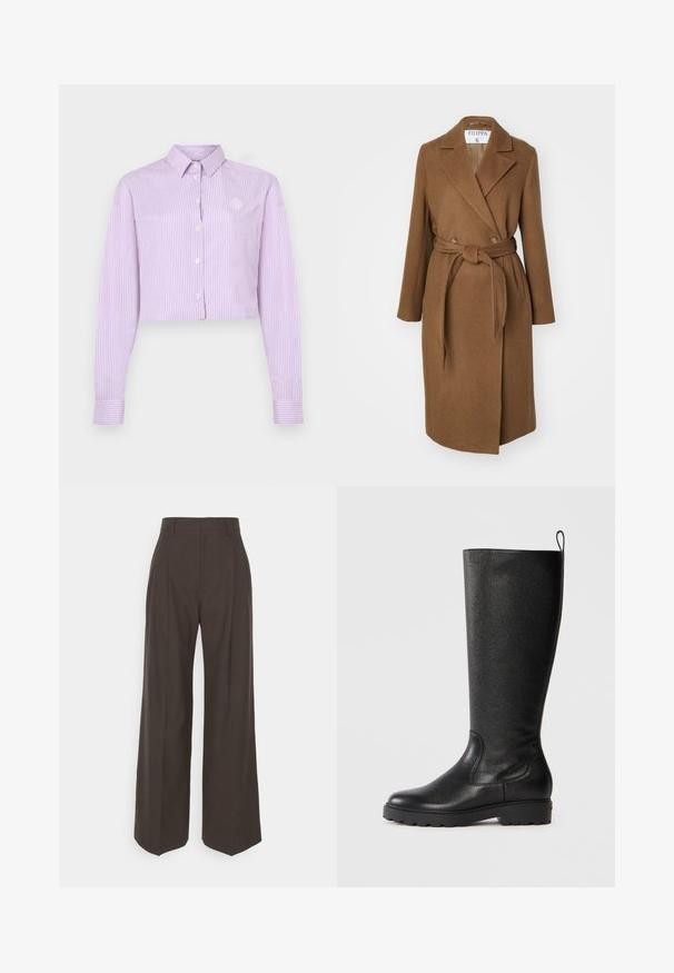 Καφέ παλτό από μίγμα μαλλιού με διπλό κούμπωμα, φαρδιές πέτες, ζώνη στη μέση και δύο πλαϊνές τσέπες. Απαλή υφή και καλοραμμένη εφαρμογή.; Κοντοκουρεμένο πουκάμισο σε λιλά χρώμα με κατακόρυφες ρίγες. Διαθέτει κλασικό γιακά, μακριά μανίκια και ένα μικρό λογότυπο κοντά στο στήθος.; Σκούρο καφέ παντελόνι σε φαρδιά γραμμή με ψηλή μέση, που διαθέτει προσεκτικά πιεσμένες πτυχές, λείο υφή και καλή εφαρμογή.; Μαύρες μπότες μέχρι το γόνατο από υφή δέρμα, με στρογγυλή μύτη, στιβαρή καουτσούκ σόλα με πρόσφυση και θηλιά στο επάνω μέρος.