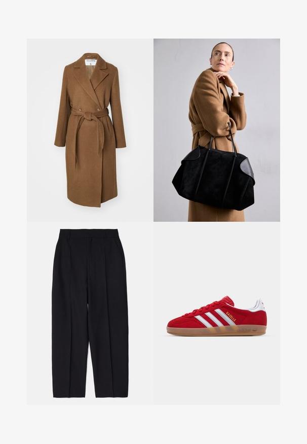 Manteau en mélange de laine marron avec un design croisé, large revers, ceinture à la taille et deux poches latérales. Texture lisse et coupe ajustée.; T-shirt en coton blanc avec un col rond et des manches courtes, présentant une coupe décontractée et un design minimaliste. Étiquette visible au niveau du cou.; Pantalons tailleur noirs avec une coupe droite, en tissu lisse, dotés de plis sur le devant et de poches latérales.; Basket en daim rouge avec un design à trois rayures blanches et le texte doré "Gazelle". Comprend une semelle en caoutchouc et un talon texturé.; Sac en cuir suédine noir avec des accents en cuir, de forme structurée, et deux poignées robustes, porté par une silhouette dans un manteau marron.