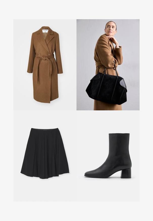 Rjav plašč iz volnene mešanice z dvojnim zapenjanjem, širokimi reverji, pasom na pasu in dvema stranskima žepoma. Gladka tekstura in krojen fit.; Črna dolgo rokavna majica iz mehkega blaga, s krogličnim izrezom in sproščenim krojem z bočnimi razpokami na robu za lažje gibanje.; Emporio Armani GONNA - Krilo A-kroja - black; Črne usnjene gležnjarje s koničastim nosom in masivnim kvadratnim peto. Gladka tekstura z brezšivnim dizajnom in minimalnim šivanjem.; Črna semišna torba z usnjenimi poudarki, strukturirane oblike in dvema trdnima ročajema, ki jo drži oseba v rjavem plašču.