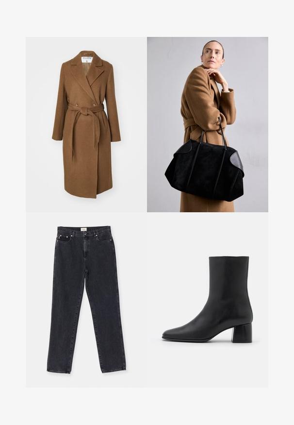 Abrigo de mezcla de lana marrón con un diseño de doble botonadura, amplios solapas, cinturón en la cintura y dos bolsillos laterales. Textura suave y ajuste entallado.; Camiseta negra de manga larga hecha de tela suave, con un escote redondo y un corte relajado, con aberturas en los laterales del dobladillo para facilitar el movimiento.; Jeans de denim negro con corte recto, cinco bolsillos y herrajes en tono cobre, presentando una sutil textura desgastada.; Botín negro de cuero hasta el tobillo con punta afilada y un tacón cuadrado y grueso. Textura suave con un diseño sin costuras y un estilo minimalista en las costuras.; Bolso de ante negro con acentos de cuero, forma estructurada y dos asas resistentes, llevado por una figura con un abrigo marrón.