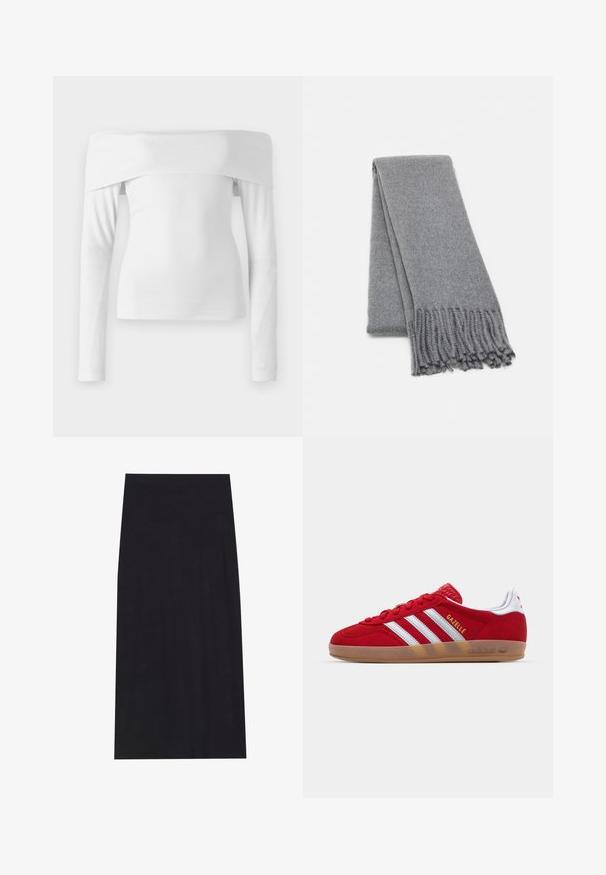 Brązowy płaszcz z mieszanki wełny o podwójnym zapięciu, szerokich klapach, pasku w talii i dwóch bocznych kieszeniach. Gładka tekstura i dopasowany krój.; Biały, damski top z opuszczonymi ramionami i długim rękawem, wykonany z miękkiej bawełny. Posiada dopasowaną sylwetkę oraz gładką teksturę z minimalistycznym wzornictwem.; Czarna midi spódnica wykonana z miękkiego, elastycznego materiału. Posiada prostą sylwetkę i elastyczny pas dla wygodnego dopasowania.; Czerwone zamszowe sneakersy z białym wzorem trzech pasków i złotym napisem "Gazelle". Posiadają gumową podeszwę i teksturowaną piętę.; Szary wełniany szal o miękkiej fakturze, z frędzlami na krawędziach i prostym wzornictwem. Starannie złożony, ukazujący swój wydłużony kształt.
