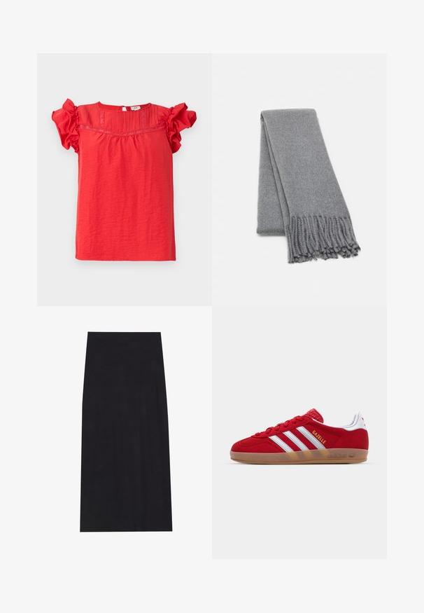 Manteau en mélange de laine marron avec un design croisé, large revers, ceinture à la taille et deux poches latérales. Texture lisse et coupe ajustée.; Haut à manches courtes rouge fabriqué dans un tissu léger, avec des manches volantées, un panneau avant texturé et une fermeture en trou de serrure au dos.; Jupe midi noire en tissu doux et extensible. Présente une silhouette droite et une taille élastique pour un ajustement confortable.; Basket en daim rouge avec un design à trois rayures blanches et le texte doré "Gazelle". Comprend une semelle en caoutchouc et un talon texturé.; Écharpe en laine grise avec une texture douce, dotée de bords frangés et d'un design simple. Pliée soigneusement, mettant en valeur sa forme allongée.