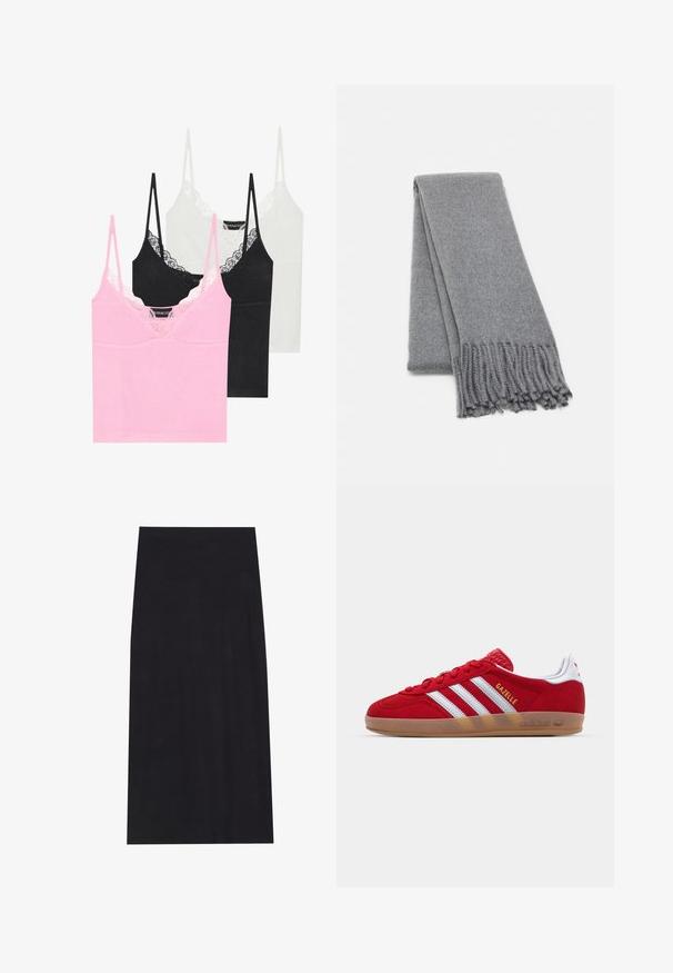 Rudas vilnos mišinys paltas su dvigubu užsegimu, plačiais apykaklėmis, diržu liemens srityje ir dviem šoniniais kišenėmis. Lygus paviršius ir pritaikytas siluetas.; Tris marškinių besiūlių su nėrinių apdaila aplink dekoltė, plonomis reguliuojamomis petnešėlėmis ir glotnia audinio tekstūra: rožinė, juoda ir balta.; Juodas midi sijonas, pagamintas iš minkštos, tamprios medžiagos. Turi tiesią siluetą ir elastinį liemenį, užtikrinantį patogų prigludimą.; Raudoni zomšiniai kedai su baltu trimis dryžiais ir auksiniu „Gazelle“ tekstu. Turi guminį pado gumulėlį ir tekstūruotą kulną.; Pilkas vilnonis šalikas su minkšta tekstūra, turintis kutais apipintas kraštus ir paprastą dizainą. Gražiai sulenkta, pabrėžiant jo pailgą formą.