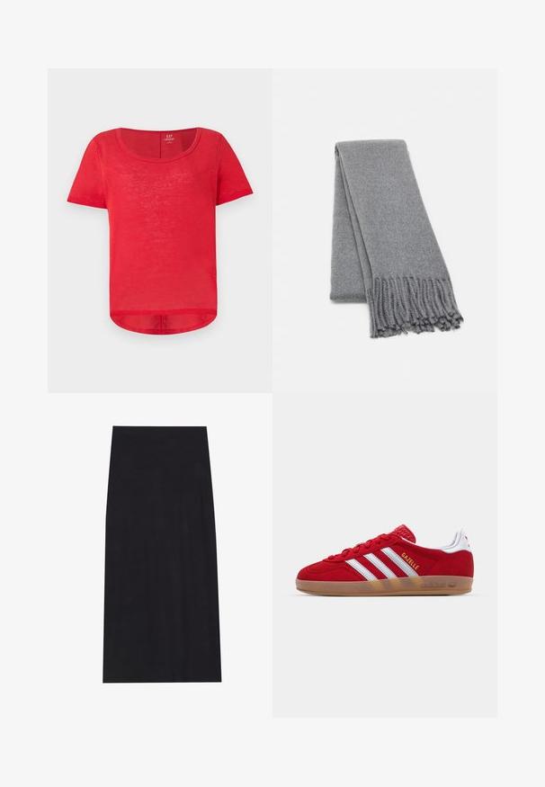 Smeđi kaput od vune s dvostrukim kopčanjem, širokim reverima, pojasom u struku i dva bočna džepa. Glatka tekstura i krojeni fit.; Crvena majica kratkih rukava od laganog materijala. Ima ovalni izrez i blago zakrivljen rub. Meka tekstura s prozirnim izgledom.; Crna midi suknja napravljena od mekog, rastezljivog materijala. Ima ravnu siluetu i elastičnu ekipu za udoban fit.; Crvene nubuk tenisice s bijelim dizajnom tri pruge i zlatnim natpisom "Gazelle". Sadrže gumeni potplat i teksturiranu petu.; Siva vuna šal s mekom teksturom, s resama na rubovima i jednostavnim dizajnom. Neatno presavijen, ističući svoj izduženi oblik.