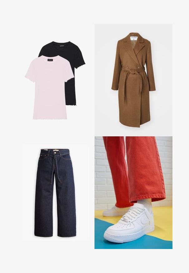 Brūns vilnas maisījuma mētelis ar dubulto pogu slēgšanu, plašiem atloka galiem, jostu viduklī un divām sānu kabatām. Gluda tekstūra un pielāgota piegriezums.; Divas īsu piedurkņu T-kreklus, viens rozā un otrs melns, ar ribota auduma un viļņotām malām, ar apaļu kakla izgriezumu un redzamu birku.; Plati zili džinsi ar augstu jostasvietu, ar šnaukaša saišu, piecām kabatām un kontrastējošiem šuvju akcentiem.; Baltās ādas kedas ar perforētu purngalu, teksturētu zoli un baltām auklām, apvienotas ar platām sarkanām biksēm un zilu un dzeltenu fona.