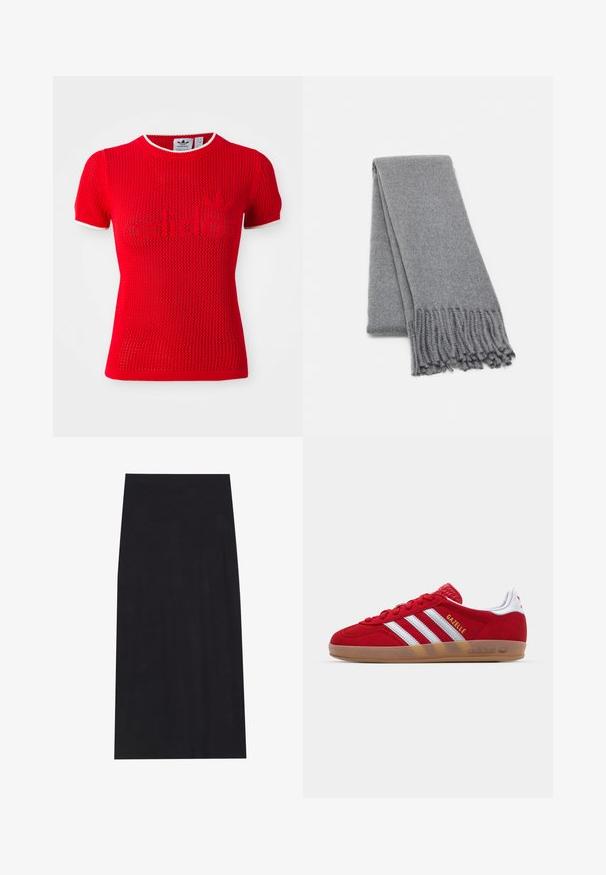 Hnědý kabát z vlny s dvojitým zapínáním, širokými klopami, páskem v pase a dvěma postranními kapsami. Hlazená textura a přizpůsobený střih.; Červené síťované tričko s krátkým rukávem, se zaobleným výstřihem a kontrastním bílým lemováním. Uprostřed logo s nápisem "adidas" v texturovaném vzoru.; Černá midi sukně vyrobená z měkké, elastické látky. Má přímý siluetu a elastický pas pro pohodlné nošení.; Červené semišové tenisky s bílým tříměrným designem a zlatým nápisem "Gazelle". Mají gumovou podrážku a texturovanou patu.; Šedý vlněný šál s jemnou texturou, zdobený třásněmi a jednoduchým designem. Pečlivě složený, ukazuje svůj prodloužený tvar.