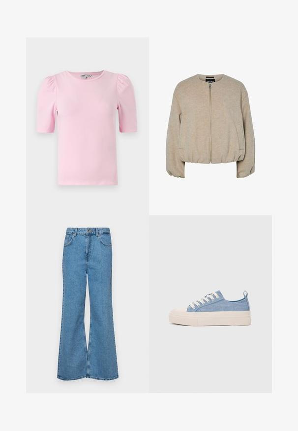 Beige vilnas maisījuma jaka ar priekšējo rāvējslēdzēju, garām piedurknēm, apaļu apkakli, divām sānu kabatām un elastīgu apakšmalu un piedurkņu galiem.; Gaiši rozā īsām piedurknēm T-krekls, izgatavots no mīksta auduma. Tam ir klasiskas apaļas kakla izgriezums un savirknētas pūkainas piedurknes, kas piešķir papildu tekstūru.; Gaiši zili, platā piegriezuma džinsi, kas izgatavoti no denima, ar augstu jostasvietu, piecām kabatām un vienu pogu. Mīksta tekstūra ar nolietotu apdari.; Gaiši zili kanvas sneakeri ar krēmkrāsas gumijas pirksta aizsargu un ārējo zoli, aprīkoti ar baltām šņorēm un cilpu uz papēža.