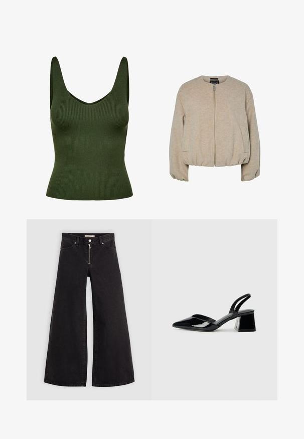 Bež jakna od vune s prednjim zatvaračem, dugim rukavima, okruglim izrezom, dva bočna džepa te elastičnim rubovima i manžetama.; Rebrasti zeleni top bez rukava s V-izrezom i širokim naramenicama. Izrađen od teksturiranog materijala, ima prilagođeni kroj i bezšavnu konstrukciju.; Široke traperice od crnog denima s prednjim zatvaračem, dizajnom s pet džepova i suptilnim detaljima šivanja. Glatka tekstura i ležeran stil.; Crne lakirane kožne sandale s otvorenom petom i špicastim vrhom, s geometrijskom blok petom. Imaju elegantan, minimalistički dizajn i glatku teksturu.