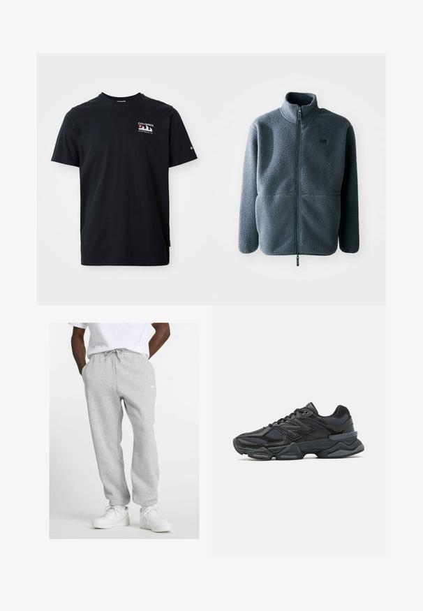 Szara polarowa kurtka z wysokim kołnierzem, zamek błyskawiczny z przodu i dwiema bocznymi kieszeniami. Posiada fakturowany materiał oraz małe logo na piersi.; Czarna bawełniana koszulka z krótkim rękawem. Posiada graficzne logo w kolorach czerwonym, białym i niebieskim na górnej lewej piersi. Gładka tekstura, klasyczny dekolt.; Mężczyzna ubrany w jasnoszare dresy z troczkami i białe sneakersy, stojący z rękami w kieszeniach na białym tle.; Czarne buty biegowe z mieszanką siateczki i materiałów syntetycznych, masywną podeszwą, opływowym kształtem oraz wyraźnym brandingiem z boku.