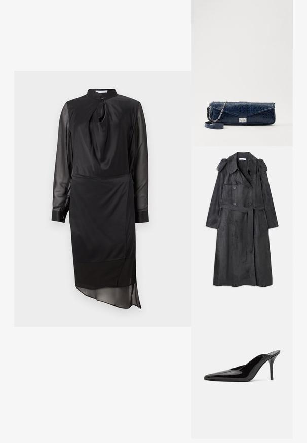 Ilgas tamsiai pilkas paltas, pagamintas iš minkšto zomšos tipo medžiagos, su dvigubais sagų užsegimais, pečių epauletėmis ir atitinkamu juosmens diržu.; Juoda suknelė su aukštu apykakle, ilgomis permatomomis rankovėmis ir mazgo detale iškirptėje. Jos bruožai - sluoksniuota sijono linija ir lygi audinio tekstūra.; Juodas lakinės odos aukštakulnis sandalai su smailiu nosiu ir elegantiška siluetu, turintys atvirą nugarą ir ploną stiletą.; Tamsiai mėlynas odinis rankinukas su krokodilo raštu, sidabro spalvos grandinėlė ir metalinis užsegimas. Stačiakampio formos, užlenkiamas dizainas.