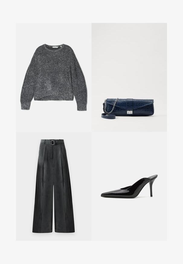Manteau long gris foncé en matériau doux semblable à du daim, avec des boutons à double boutonnage, des épaulettes aux épaules et une ceinture assortie.; Pull noir pailleté à coupe décontractée, col rond et manches longues. Fabriqué en fil doux avec une finition texturée et brillante.; Pantalons à jambes larges gris foncé, avec une texture lisse, des plis et une ceinture avec une boucle en métal argenté à la taille haute.; Mule en cuir verni noir à talon haut avec un bout pointu et une silhouette épurée, doté d'un dos ouvert et d'un talon aigu slender.; Pochette en cuir bleu marine avec une texture crocodile, une chaîne en argent et un fermoir métallique. De forme rectangulaire avec un design rabat.
