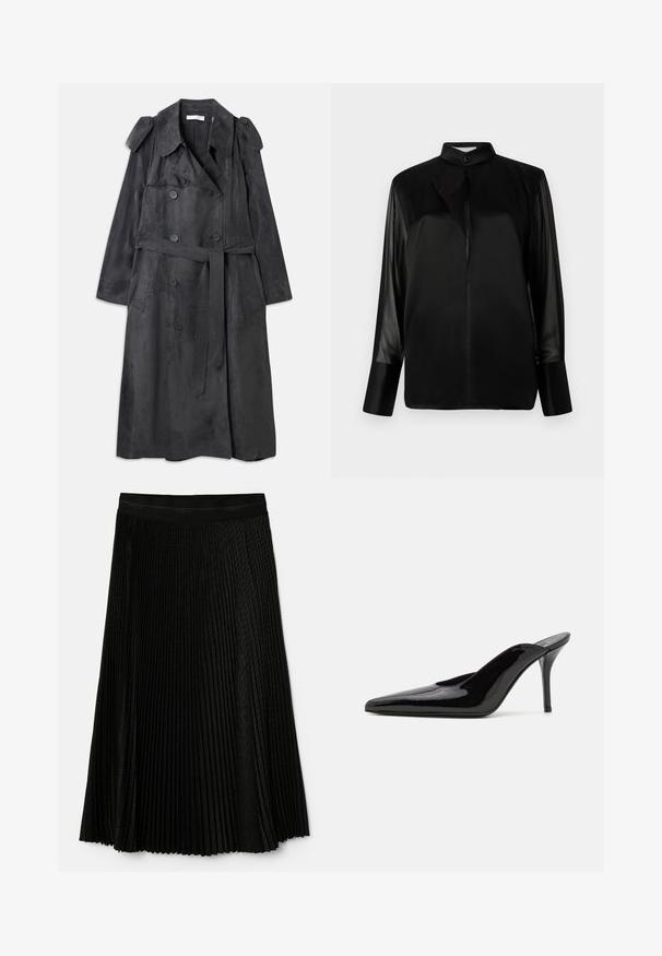 Lungo trench coat grigio scuro realizzato in materiale morbido simile alla suede, con bottoni doppi, spalline e una cintura abbinata.; Blusa nera con colletto alto, maniche lunghe in tessuto trasparente, dettaglio fiocco al collo, realizzata in morbido satin, chiusura frontale con bottoni.; Gonna nera plissettata con un design testurizzato, vita elasticizzata e plissettature sovrapposte per un maggiore movimento e profondità.; Mule in pelle patinata nera con tacco alto, punta affilata e silhouette elegante, dotato di apertura sul dietro e tacco a stiletto sottile.