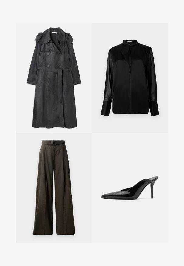 Dlhý tmavosivý trenčkot z mäkkého materiálu podobného zamatu, s dvojitými gombíkmi, epauletmi na pleciach a zodpovedajúcim opaskom v páse.; Čierna blúzka s stojatým golierom, dlhými priesvitnými rukávmi, detailom mašle na krku, vyrobená z hladkej saténovej tkaniny, s predným zapínaním na gombíky.; Vysoké široké nohavice z tmavohnedej látky s hladkým povrchom. Obsahujú zodpovedajúci opasok s kruhovou sponou a plisovaným dizajnom.; Čierne lakované kožené muly na vysokom opätku s špicatou špičkou a elegantným siluetou, ktoré majú otvorenú zadnú časť a štíhly opätok typu stiletto.