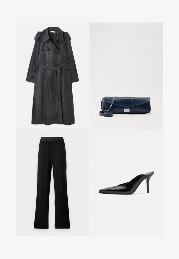 Langer, dunkelgrauer Trenchcoat aus weichem, wildlederähnlichem Material mit doppelreihigen Knöpfen, Schulterklappen und einem passenden Taillengürtel.; Schwarze Bluse mit Stehkragen, langen transparenten Ärmeln, Schleifendetail am Hals, aus glattem Satinmaterial, mit Knopfverschluss vorne.; Schwarze weit geschnittene Hose aus glattem Stoff mit einem dehnbaren Bund. Verfügt über Falten für zusätzliches Volumen und Fluss, ohne sichtbare Muster oder Akzente.; Schwarze Lackleder-Pumps mit hohen Absätzen, spitzer Zehenform und schlanker Silhouette, mit offenem Rücken und schlankem Stiletto-Absatz.; Marineblaue Leder-Clutch mit Krokodilstruktur, silberner Kettenriemen und metallischem Verschluss. Rechteckige Form mit Umschlagdesign.