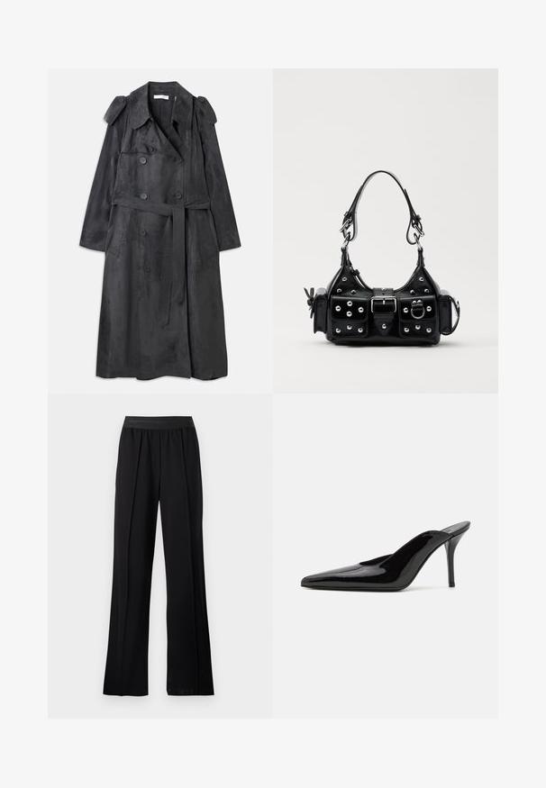 Langer, dunkelgrauer Trenchcoat aus weichem, wildlederähnlichem Material mit doppelreihigen Knöpfen, Schulterklappen und einem passenden Taillengürtel.; Schwarze Bluse mit Stehkragen, langen transparenten Ärmeln, Schleifendetail am Hals, aus glattem Satinmaterial, mit Knopfverschluss vorne.; Schwarze weit geschnittene Hose aus glattem Stoff mit einem dehnbaren Bund. Verfügt über Falten für zusätzliches Volumen und Fluss, ohne sichtbare Muster oder Akzente.; Schwarze Lackleder-Pumps mit hohen Absätzen, spitzer Zehenform und schlanker Silhouette, mit offenem Rücken und schlankem Stiletto-Absatz.; Schwarze Lederhandtasche mit einem geschwungenen Design, verziert mit silbernen Nieten, einer Schnalle und zwei seitlichen Taschen. Verstellbarer Träger für verschiedene Tragemöglichkeiten.