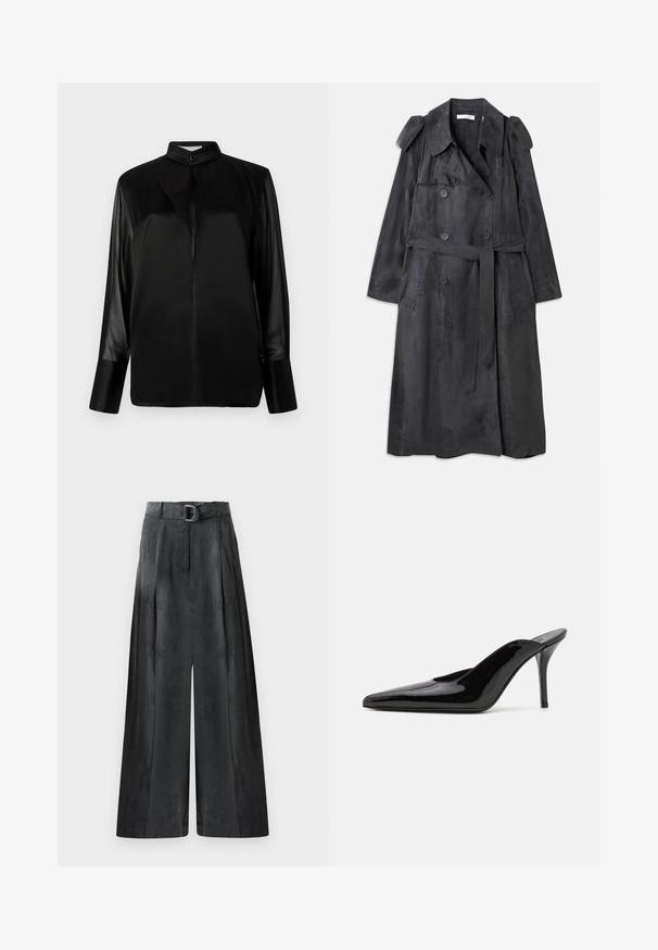 Długi, ciemnoszary płaszcz trench wykonany z miękkiego materiału przypominającego zamsz, z podwójnymi guzikami, epoletem na ramionach i dopasowanym paskiem w talii.; Czarna bluzka z kołnierzem stójkowym, długimi przezroczystymi rękawami, detalem w postaci kokardy na szyi, wykonana z gładkiej satynowej tkaniny, z guzikiem z przodu.; Szerokie spodnie w ciemnoszarym kolorze, charakteryzujące się gładką fakturą, plisami oraz paskiem z srebrną klamrą w wysokim talii.; Czarne lakierowane mule na wysokim obcasie z wąskim noskiem i elegancką sylwetką, charakteryzujące się otwartym tyłem i smukłym szpilką.