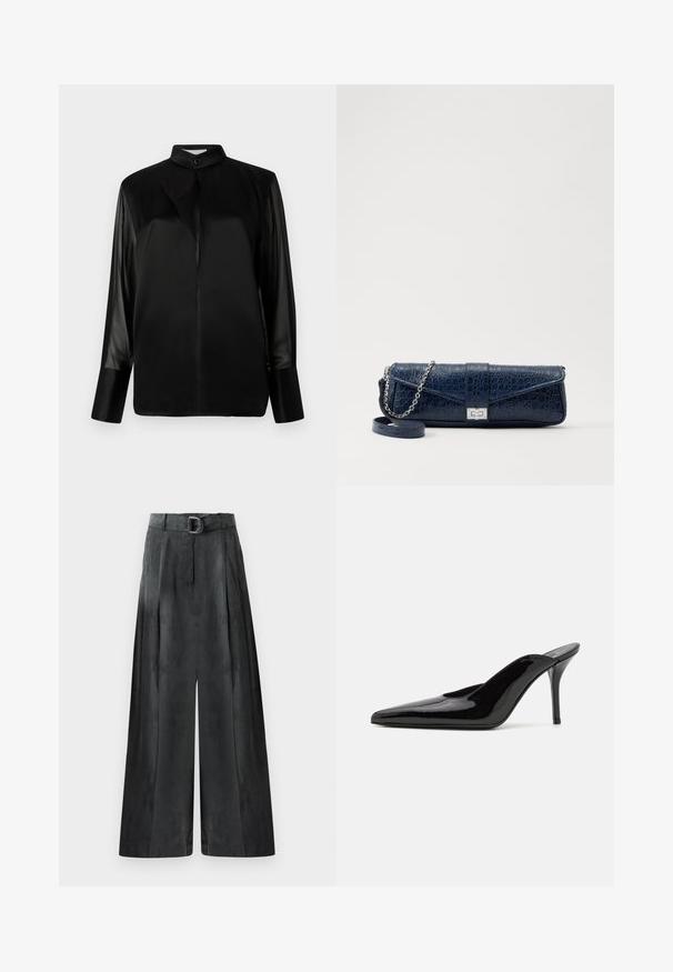 Lungo trench coat grigio scuro realizzato in materiale morbido simile alla suede, con bottoni doppi, spalline e una cintura abbinata.; Blusa nera con colletto alto, maniche lunghe in tessuto trasparente, dettaglio fiocco al collo, realizzata in morbido satin, chiusura frontale con bottoni.; Pantaloni a gamba larga di un grigio scuro, con una texture liscia, pince e una cintura con una fibbia argentata in vita alta.; Mule in pelle patinata nera con tacco alto, punta affilata e silhouette elegante, dotato di apertura sul dietro e tacco a stiletto sottile.; Clutch in pelle blu navy con texture a coccodrillo, tracolla in catena argentata e chiusura metallica. Forma rettangolare con design pieghevole.