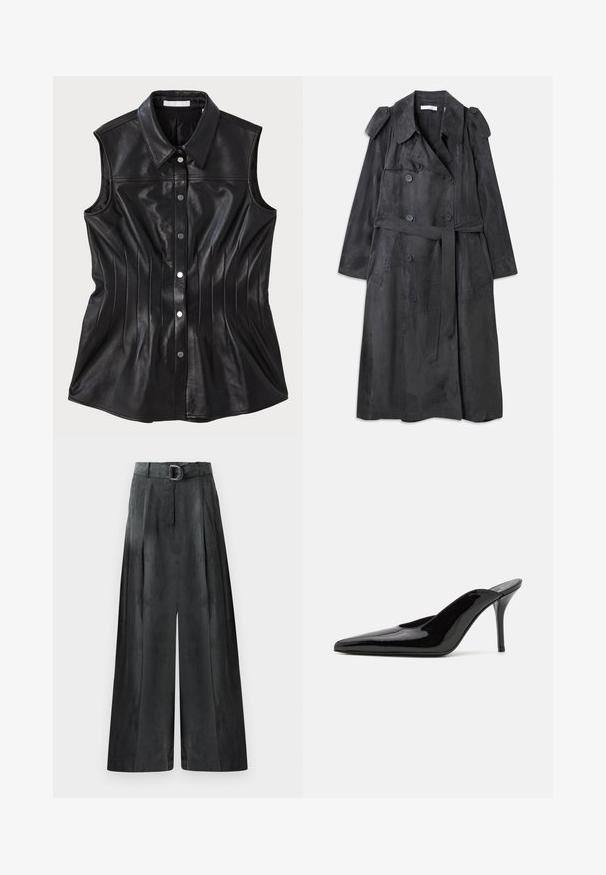 Lang, donkergrijze trenchcoat gemaakt van zacht suede-achtig materiaal met dubbelzijdige knopen, schouderepauletten en een bijpassende taille riem.; Zwarte leren mouwloze shirt met een puntkraag, verticale stikdetails en drukknoopsluitingen aan de voorkant.; Wijde broek in donkergrijs, met een gladde textuur, plooien en een riem met een zilveren gesp op de hoge taille.; Zwarte gepatineerde leren hoge hak muiltjes met een spitse neus en een slanke silhouet, met een open achterkant en een slanke stilettohak.