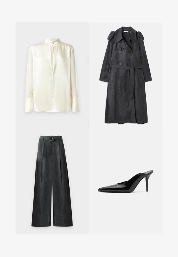 Trench coat largo de color gris oscuro hecho de un material suave similar al ante, con botones de doble botonadura, hombreras y un cinturón a juego.; Blusa de seda blanca con mangas largas, cuello alto y cierre de botones en la parte delantera. Textura suave y diseño minimalista sin patrones.; Pantalones de pierna ancha en gris oscuro, con una textura suave, pliegues y un cinturón con una hebilla plateada en la cintura alta.; Mule de charol negro con tacón alto, punta afilada y una silueta elegante, con un escote abierto en la parte posterior y un tacón de aguja delgado.