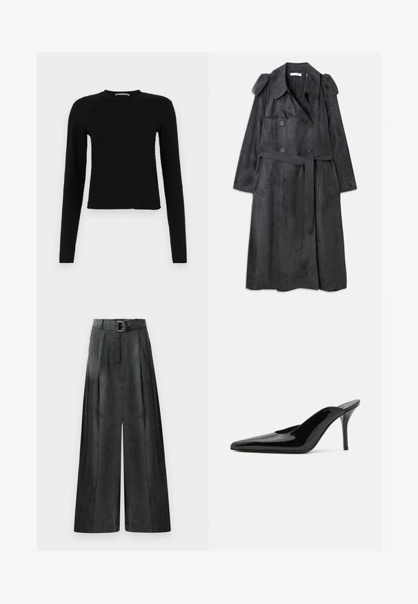 Long dark gray trench coat made of soft suede-like material with double breasted buttons, shoulder epaulettes, and a matching waist belt.; Black long-sleeve crop top made of soft fabric, featuring a round neckline and a slightly asymmetric hem with a subtle logo detail.; Wide-leg trousers in dark gray, featuring a smooth texture, pleats, and a belt with a silver buckle at the high waist.; Black patent leather high-heeled mule with a pointed toe and a sleek silhouette, featuring an open back and a slender stiletto heel.