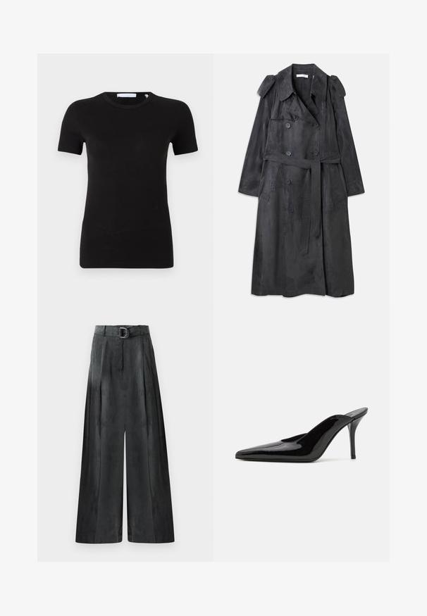 Langer, dunkelgrauer Trenchcoat aus weichem, wildlederähnlichem Material mit doppelreihigen Knöpfen, Schulterklappen und einem passenden Taillengürtel.; Schwarzes Kurzarm-T-Shirt aus weichem, elastischem Material. Hat einen runden Halsauschnitt und ein minimalistisches Design ohne sichtbare Muster oder Grafiken.; Weite Hosen in Dunkelgrau, mit glatter Textur, Falten und einem Gürtel mit silberner Schnalle in hoher Taille.; Schwarze Lackleder-Pumps mit hohen Absätzen, spitzer Zehenform und schlanker Silhouette, mit offenem Rücken und schlankem Stiletto-Absatz.