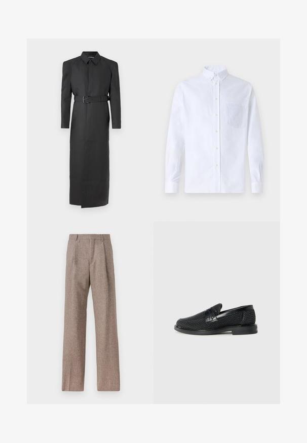 Han Kjøbenhavn LONG COAT - Trenchcoat - anthracite black; Weißes Langarm-Hemd mit Knöpfen aus Baumwolle, ausgestattet mit einer Brusttasche mit tonalem Stickerei, einem Kragen und Knopfmanschetten.; Braune, hochtaillierte Hose aus strukturiertem Stoff. Mit weitem Bein und zwei vorderen Bügelfalten für zusätzliche Form. Saubere Verarbeitung ohne sichtbare Hardware.; Schwarzer geflochtener Slipper mit einem glatten Lederakzent im Obermaterial, einem runden Zehendesign und einer flachen Gummisohle.