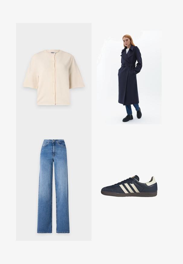 Marinblå trenchcoat med bælte i taljen, brede revers og sidelommer, lavet af et struktureret stof. Båret over blå jeans og sorte sko.; Beige kortærmet cardigan lavet af blødt stof, med rund halsudskæring og knaplukning foran, og en afslappet pasform.; Hvid kortærmet t-shirt lavet af bomuld. Har en rund halsudskæring og en afslappet pasform. Glat tekstur uden synlige mønstre eller detaljer.; Lyseblå vide denimbukser med høj talje, frontlommer og standard knaplukning. Glat tekstur.; Mørkeblå lædersneakers med tre beige striber, en struktureret tåhætte og en brun gummisål, som har en kontrasterende hvid hældetalje.