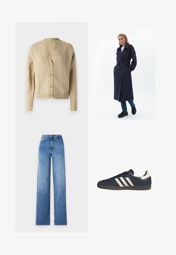 Cappotto trench blu navy con cintura in vita, ampi risvolti e tasche laterali, realizzato in un tessuto testurizzato. Indossato sopra jeans blu e scarpe nere.; Cardigan lavorato a maglia beige con scollo a V, chiusura a bottone e motivo testurizzato; presenta maniche lunghe e polsini e orlo a coste.; T-shirt bianco a maniche corte realizzato in cotone. Presenta un collo tondo e una vestibilità rilassata. Texture liscia senza motivi o dettagli visibili.; Jeans a gamba larga di un azzurro chiaro, realizzati in denim, con vita alta, tasche frontali e chiusura con bottone standard. Texture liscia.; Sneakers in pelle blu scuro con tre strisce beige, una punteggiatura testurizzata e una suola in gomma marrone, caratterizzati da un dettaglio sul tallone bianco in contrasto.