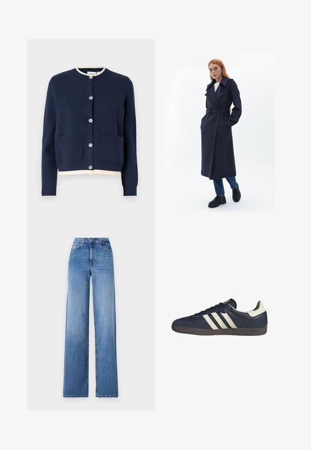 Námořnický trenčkot s páskem v pase, širokými klopami a bočními kapsami, vyrobený z texturované látky. Nesený přes modré džíny a černé boty.; VILA VIINGRID - Kardigan - navy; Bílý krátký rukáv tričko vyrobené z bavlny. Má kulatý výstřih a volný střih. Hladký materiál bez viditelných vzorů nebo akcentů.; Světlé modré široké džíny vyrobené z denimu, s vysokým pasem, předními kapsami a standardním zapínáním na knoflík. Hladká текстura.; Tmavě modré kožené tenisky se třemi béžovými pruhy, texturovanou špičkou a hnědou gumovou podrážkou, s kontrastním bílým detailem na patě.