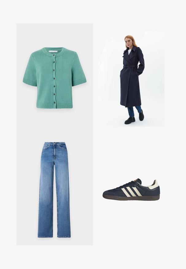 Marineblauer Trenchcoat mit einem taillierten Gürtel, breiten Revers und seitlichen Taschen, aus einem strukturierten Stoff. Getragen über blauen Jeans und schwarzen Schuhen.; Kurzärmelige Strickjacke in Teal, aus strukturiertem Strickstoff gefertigt. Verfügt über einen runden Halsausschnitt, eine Knopfverschluss und gerippte Säume und Ärmel.; Weißes T-Shirt mit kurzen Ärmeln aus Baumwolle. Hat einen Rundhalsausschnitt und eine lockere Passform. Glatte Textur ohne sichtbare Muster oder Akzente.; Helleblaue, weit geschnittene Jeans aus Denim mit hoher Taille, Vorderaschen und einem normalen Knopfverschluss. Glatte Textur.; Dunkelblaue Leder-Sneaker mit drei beigen Streifen, einer strukturierten Zehenkappe und einer braunen Gummisohle, die ein kontrastierendes weißes Fersendetail aufweist.