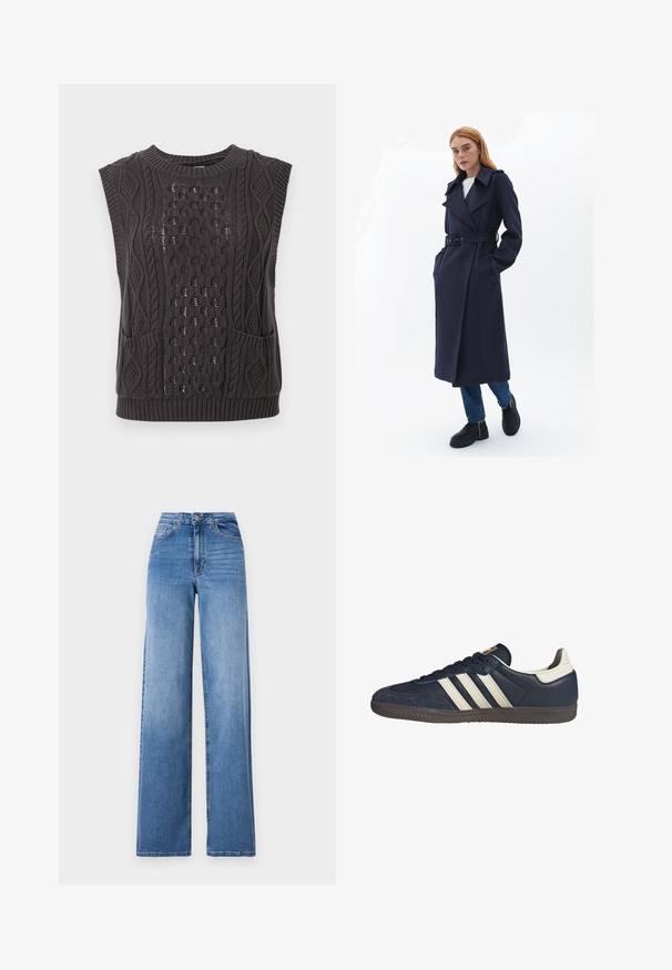 Granatowy płaszcz trench z paskiem w talii, szerokimi klapami i bocznymi kieszeniami, wykonany z teksturowanej tkaniny. Noszony na niebieskich dżinsach i czarnych butach.; Ciemnoszary dzianinowy bezrękawnik z misternymi wzorami w warkocze, teksturowana tkanina, okrągły dekolt i dwie przednie kieszenie.; Jasnoniebieskie dżinsy z szerokimi nogawkami, wykonane z denimu, z wysokim stanem, przednimi kieszeniami i standardowym zapięciem na guzik. Gładka tekstura.; Ciemnoniebieskie skórzane trampki z trzema beżowymi paskami, teksturowanym noskiem i brązową gumową podeszwą, z kontrastującym białym detalem na pięcie.
