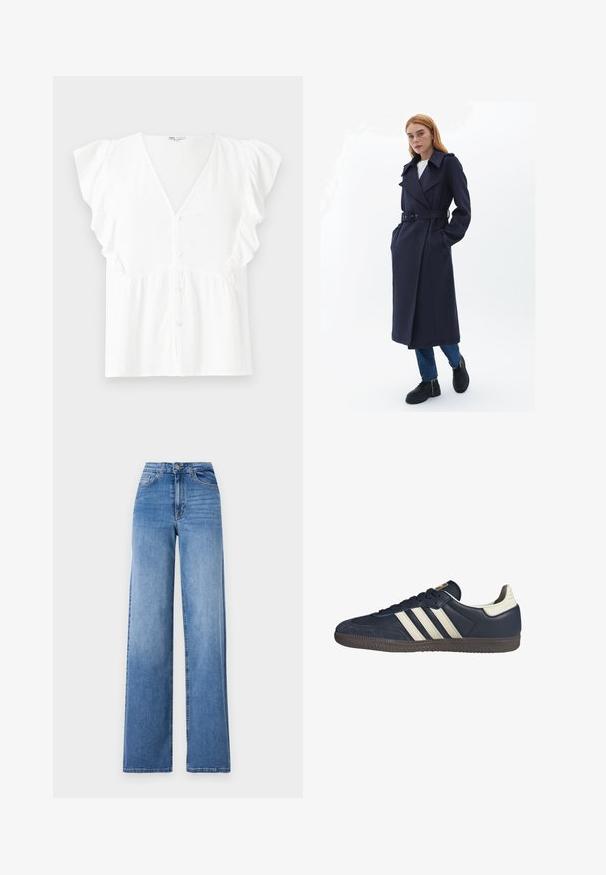 Navy trench coat with a belted waist, wide lapels, and side pockets, made of a textured fabric. Worn over blue jeans and black shoes.; White short-sleeve blouse with a v-neck, button closure, ruffled sleeves, and gathered fabric detail at the waist. Soft, lightweight material.; Light blue wide-leg jeans made of denim, featuring a high waist, front pockets, and a standard button closure. Smooth texture.; Dark blue leather sneakers with three beige stripes, a textured toe cap, and a brown rubber sole, featuring a contrasting white heel detail.