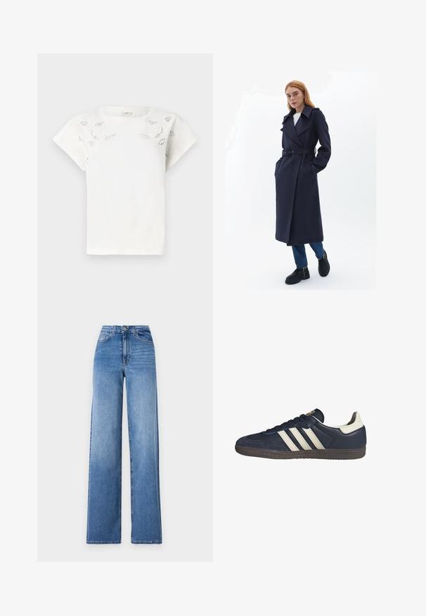 Abrigo trinchera marinero con cintura ceñida, solapas anchas y bolsillos laterales, hecho de una tela texturizada. Lleva puesto sobre jeans azules y zapatos negros.; Camiseta de algodón blanca con mangas cortas y bordado decorativo de hojas en el frente. Textura suave con un corte relajado.; Jeans de mezclilla de pernera ancha en azul claro, con talle alto, bolsillos frontales y cierre de botón estándar. Textura suave.; Zapatillas de cuero azul oscuro con tres rayas beige, una puntera texturizada y una suela de goma marrón, con un detalle del talón en blanco que contrasta.