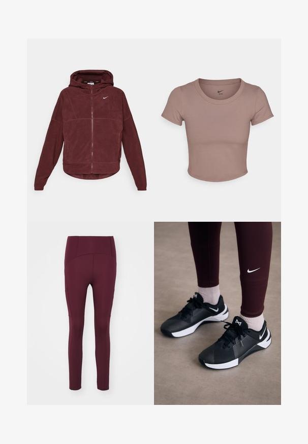 Cazaco de capuz vermelho escuro com fecho éclair feito de um suave fleece. Apresenta capuz, mangas longas e um pequeno logótipo branco no lado esquerdo do peito. Bainha e punhos com elástico.; T-shirt castanho cropped feito de tecido suave, com gola redonda e mangas curtas. Logo da Nike impresso na parte interna da gola.; Leggings bordo feitos de material elástico, com uma cintura alta e costuras planas. Têm um design ajustado e uma textura suave.; Ténis atléticos pretos com um upper texturizado e detalhes brancos, apresentando atacadores e um logo lateral. Usados com leggings cor-de-vinho e meias claras.