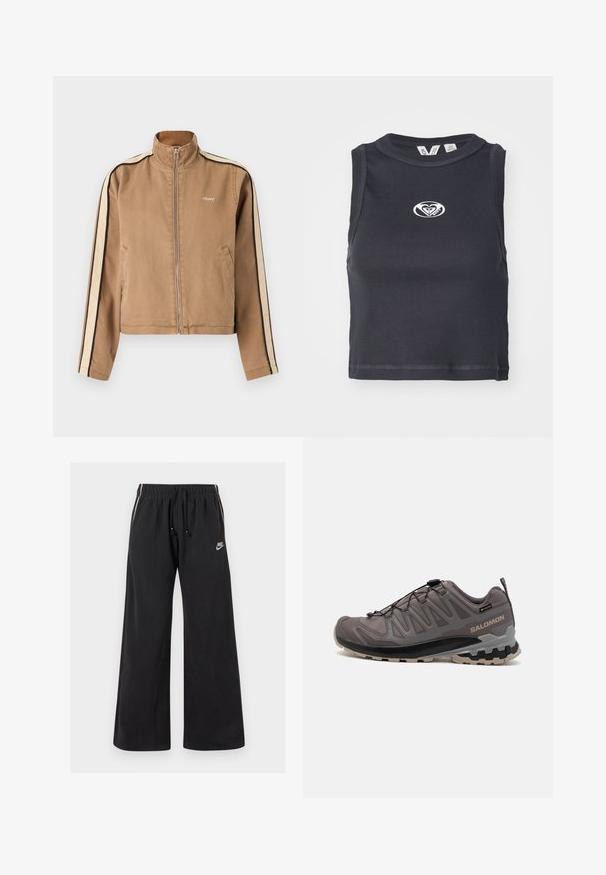 Svetlo hnedá zipsová bunda s béžovými a čiernymi pruhmi na rukávoch, vysoký golier, bočné vrecká a malé biele logo "obey" na hrudníku.; Čierny rebrovaný crop top s okrúhlym výstrihom a bezrukávovým dizajnom. Obsahuje biele logo umiestnené na hrudi. Hladká textúra.; Čierne tepláky z mäkkej tkaniny, s elastickým pásom a šnúrkou, bočnými pruhmi a malým logom na prednej ľavej strane.; Šedá vonkajšia obuv s vrchnou časťou z sieťoviny a syntetického materiálu, polstrovaným golierom a textúrovanou podrážkou s hlbokým dezénom pre lepšiu trakciu. Nastaviteľný systém šnúrovania.