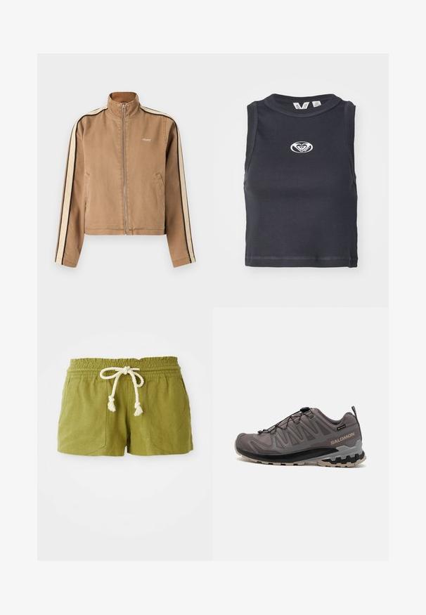 Chaqueta de cremallera color marrón claro con rayas beige y negras en las mangas, cuello alto, bolsillos laterales y pequeño logo blanco "obey" en el pecho.; Top corto negro con canalé, con cuello redondo y diseño sin mangas. Presenta un logotipo blanco centrado en el pecho. Textura suave.; Pantalones cortos de mezcla de lino verde con cinturilla elástica, cordón ajustable y dos bolsillos frontales. Corte corto y casual con tejido texturizado.; Zapato exterior gris con parte superior de malla y sintético, cuello acolchado y suela texturizada con surcos profundos para tracción. Sistema de cordones ajustable.