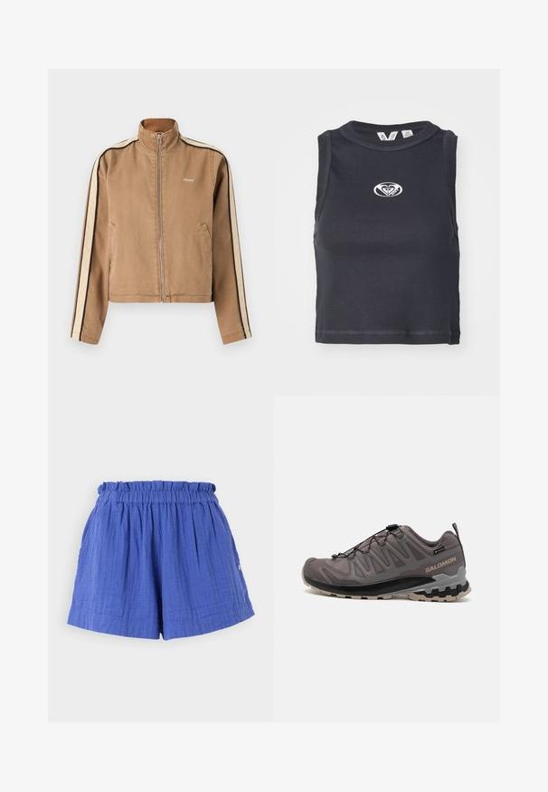 Chaqueta de cremallera color marrón claro con rayas beige y negras en las mangas, cuello alto, bolsillos laterales y pequeño logo blanco "obey" en el pecho.; Top corto negro con canalé, con cuello redondo y diseño sin mangas. Presenta un logotipo blanco centrado en el pecho. Textura suave.; Pantalones cortos de algodón azul con cintura fruncida y bolsillos laterales, con una tela texturizada y un ajuste relajado.; Zapato exterior gris con parte superior de malla y sintético, cuello acolchado y suela texturizada con surcos profundos para tracción. Sistema de cordones ajustable.