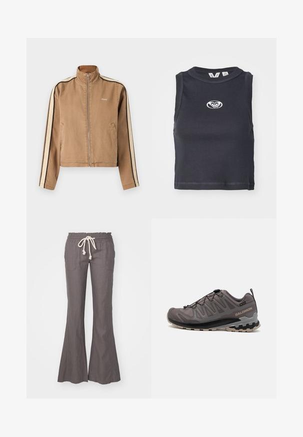 Light brown zip-up jacket with beige and black stripes on sleeves, high collar, side pockets, and small white "obey" logo on chest.; Black ribbed crop top with a round neckline and sleeveless design. Features a white logo centered on the chest. Smooth texture.; Flared, grey linen pants with an elastic waistband and drawstring. Features two front pockets and a smooth texture throughout.; Gray outdoor shoe with a mesh and synthetic upper, a padded collar, and a textured sole featuring deep treads for traction. Adjustable lacing system.