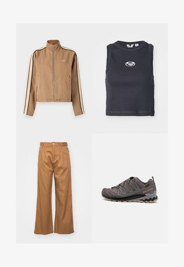 Jasnobrązowa kurtka zapinana na zamek z beżowymi i czarnymi paskami na rękawach, wysokim kołnierzem, bocznymi kieszeniami oraz małym białym logo "obey" na klatce piersiowej.; Czarny prążkowany crop top z okrągłym dekoltem i bez ramiączek. Posiada biały logo umieszczone na środku klatki piersiowej. Gładka tekstura.; Jasnobrązowe spodnie o szerokich nogawkach z teksturowanej tkaniny, z fałdami z przodu i pojedynczym zapięciem na guzik w talii.; Szare buty outdoorowe z siateczkowej i syntetycznej cholewki, wyściełanym kołnierzem oraz teksturowaną podeszwą z głębokimi nacięciami dla lepszej przyczepności. Regulowany system sznurowania.